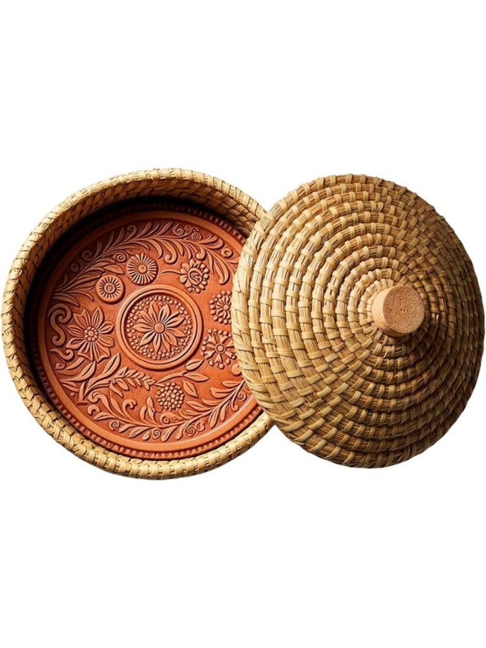 Rustic Round Bread Warming Basket with Lid & Terracotta Warmer | Keeps Baked